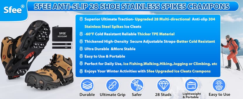 Sfee Crampons Ice Cleats for Shoes and Boots, 28 Steel Shoe Spikes Ultra-Grip Ice Cleats for Men Women Non-Slip Snow Traction Ice Grippers for Shoes and Boots for Walking, Hiking, Climbing, Fishing