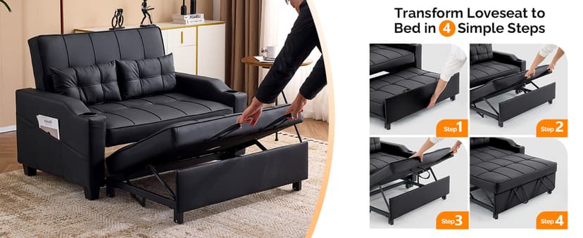 VINGLI Black Futon Sofa Bed Convertible Loveseat Sleeper Couch, Faux Leather Pullout Sofa Fold Out Couch Bed with USB Ports, Cup Holders, Armrest for Living Room, Bedroom Apartment Room