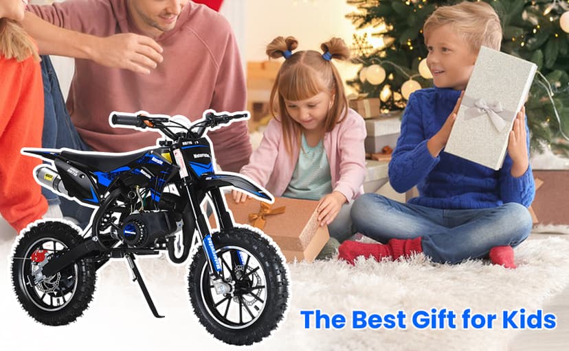 50CC Dirt Bike, 2-Stroke Kids Dirt Bike with 10-Inch Off-Rode Tire, Mini Bike with Front and Rear Disc Brake, Up to 25 Mph, Mini Bikes for Kids 8-14 Weight Support Up to 330 LBS Blue