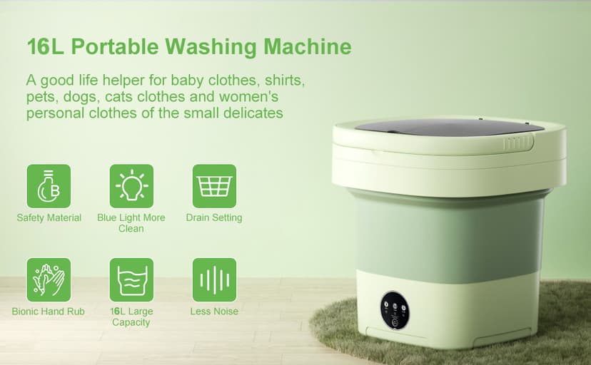 16L Large Capacity Portable Washing Machine, Laundry Washer Cleaning for Underwear, Baby Clothes, Shirts,Small Delicates. Foldable Mini Washer and Dryer Combo for Apartment,Hotel,Camp,RV,Travel(Green)
