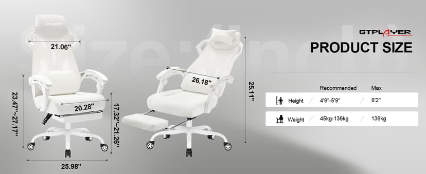 GTPLAYER Gaming Chair, Computer Chair with Mesh Back, Ergonomic Game Chair with Footrest, Reclining Game Chair with Adjustable Headrest and Lumbar Support for Gaming and Office (White)