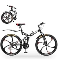 Outroad 26 Inch Folding Mountain Bike, 21 Speed Full Suspension High-Carbon Steel MTB Foldable Bicycle, Dual Disc Brake Non-Slip Folding Bikes for Adults/Men/Women, Black, Orange and Green