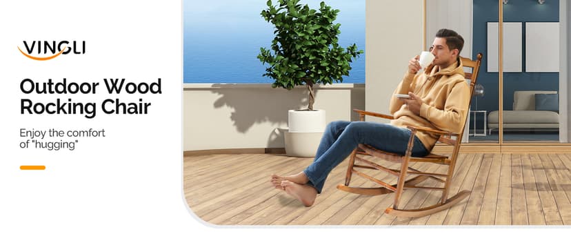 VINGLI Wooden Rocking Chair, Outdoor Chair with 450 lbs Support, Relaxing Rocker with Solid Wood High Back Seat Reclining Seat for Deck, Garden, Backyard, Porch, Indoor or Outdoor Use (Teak, 1PC)