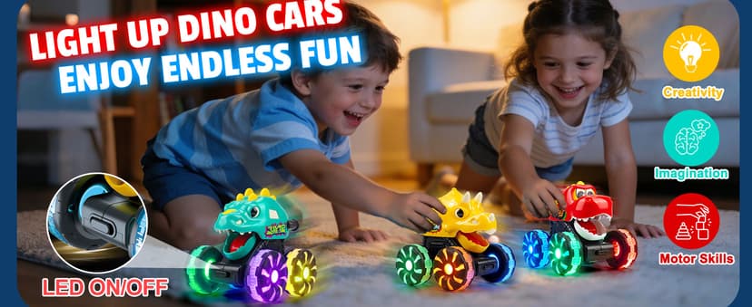 LED Wheels Dino Truck Toys for Toddler Boys Girls Gifts, Dinosaur Cars for 2 Year Old Boy Christmas Birthday Gifts Monster Truck Toys Dinosaur Cars, Press and Go Light Up Cars for Toddlers B0F5PVJJ9J