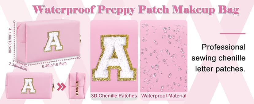 Small Personalized Initial A-Z Preppy Patch Makeup Bag,White PU Chenille Letter Travel Cosmetic Pouch with Zipper,Cute Toiletry Bag,Gift Ideal for Teen Girls Women Teacher Bridesmaid,Letter E