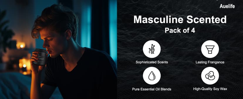 Auelife Scented Candles Set | Men Candle Set, Scented Candles for Home, Gifts for Men Aromatherapy Gift Set - 4 Pack Manly Gifts for Dad Fathers Day, Soy Candle of Leather/Smoke & Vanilla/Oak/Lavender