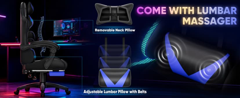 Czlolo Gaming Chair, Racing Style RGB LED Lights Gaming Chairs for Adults and Kids, Lumbar Massager Gamer Chair, High Back Reclining Computer Chair with Footrest and Headrest (Black/Blue)