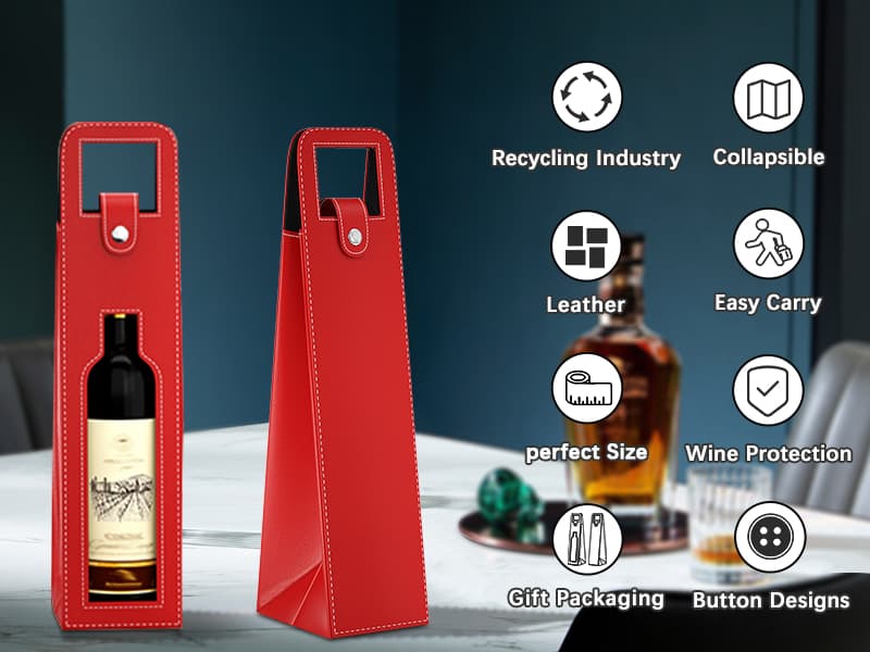 Wine Gift Bag, Reusable Leather Wine Tote Carrier, Single Bottle Champagne Beer Gift Bags Carrier for Birthday, Wedding, Picnic Party, Christmas Gifts (Red)