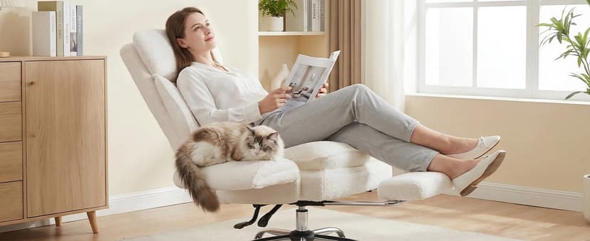 Furniliving Criss Cross Office Chair with Armrests & Wheels, Big and Tall Office Chair with Footrest, Flip Armrests for Pets, Wide Seat Cross Legged Desk Chair, Ergonomic Computer Chair, Teddy, White