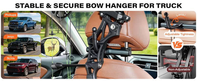 A2C Bow Hanger for Truck, Aluminum Headrest Bow Hanger Set with 6.5" Foldable Arm to Hold & Protect Bow, Truck Bow Holder Holds Recurve/Compound Bows & Hunting Gear fits Truck/SUV/Car