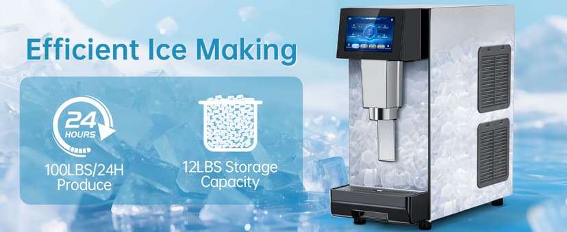 Commercial Nugget Ice Maker Machine, 100Lbs/24H Pellet Chewable Ice, 3-IN-1 Nugget Ice Maker with Ice & Water Dispenser, Self-Cleaning Countertop Stainless Steel Ice Machine for Business, Office,Party