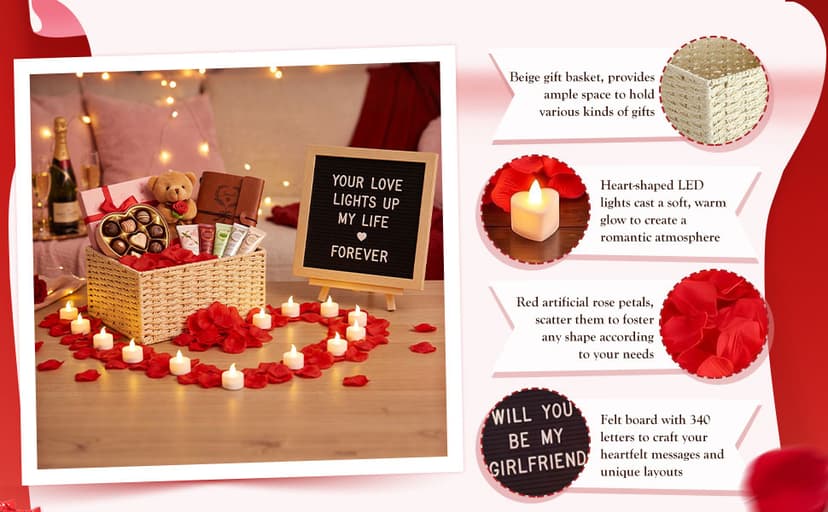 Basket Set with Letter Board, 1000 Rose Petal, 12 Heart LED Light, Romantic Gift Girlfriend Asking Anniversary Surprise Decor Ceenna Will You Be My Girlfriend Proposal Kit, Red, Cute