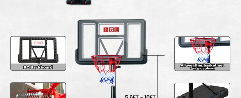 IGL Portable Basketball Hoop, 5.6-10FT Adjustable Basketball Goal System, 44 Inch Outdoor Basketball Hoop & Goals for Kids, Youth, and Adults in The Backyard, Driveway with PC Backboard