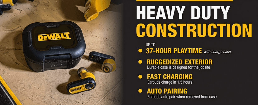 DEWALT Heavy Duty True Wireless Ear Buds, Bluetooth Headphones with Type C Charging Case Included, Over 37 Hours of Battery Life, Easy Setup for iPhone, Perfect for Jobsite, Outdoor Work, Yellow