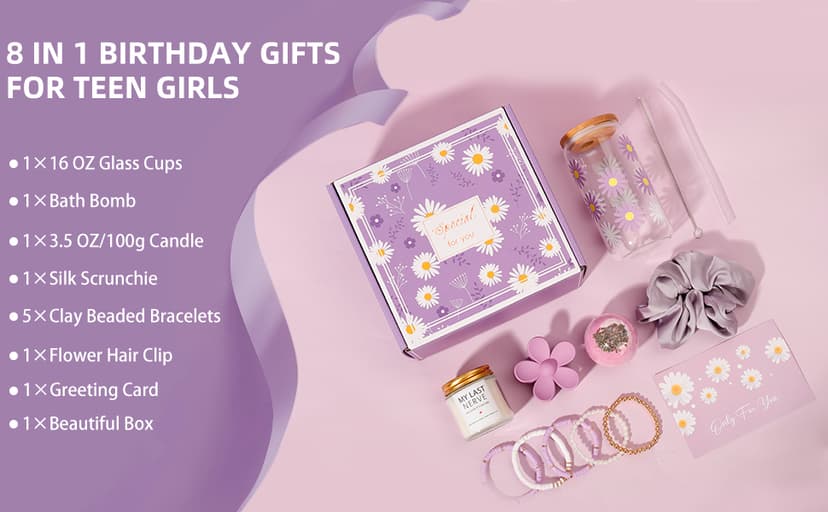 Birthday Gifts for Women Friendship, Teen Girls, Girls, Unique Cute Birthday Gift Box For Girl, Her, Sister, Daughter, Friends, Ideas Cute Daisy Aesthetic Glass Cups Gifts Set (Purple)