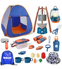 Pop-up tent, campfire, lantern, binoculars and camping gear for realistic pretend adventures indoors or outdoors Meland Camping Play Set for Child 3-6, Pretend Adventure Toy Gift B094XXBT8Z