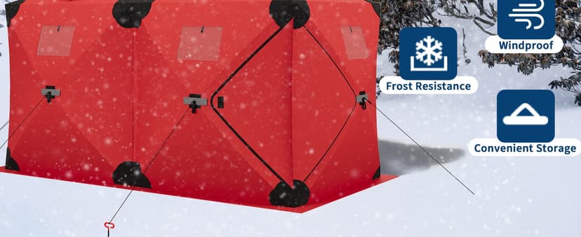 Pop Up Ice Fishing Tent Insulated Ice Fishing Shelter Portable Hub-Style Shelter Shanty Windproof and Warm, Multiple Sizes for 6-8 Person, Red, 6x11.7x6.6 Ft