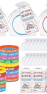 Liliful 72 Pcs Christmas Gifts 24 Set Christmas Students Gifts, Xmas Silicone Wristbands with Gift Label Tags and Organza Bags for Kids Stocking Stuffers Classroom Gift Party Favors(Merry Style)