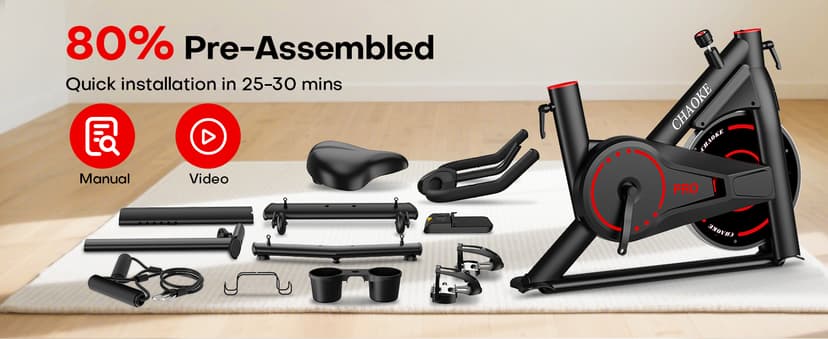 CHAOKE Exercise Bike, Quiet Adjustable Magnetic Stationary Bike for Home Cardio with App Compatible, 350LB Weight Capacity Indoor Cycling Bike with Large Seat, Dumbbell Rack, Pull Cords & LCD Display