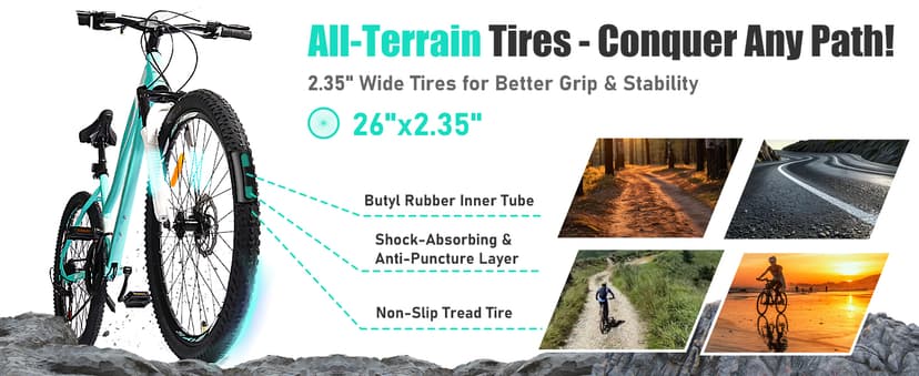 24/26 Inch Mountain Bike for Women & Girls, Twist Shifter, Dual Disc Brakes, Lockout Fork, 2.35" All Terrain Tires, Low Step Steel Frame, 85% Pre-Assembled