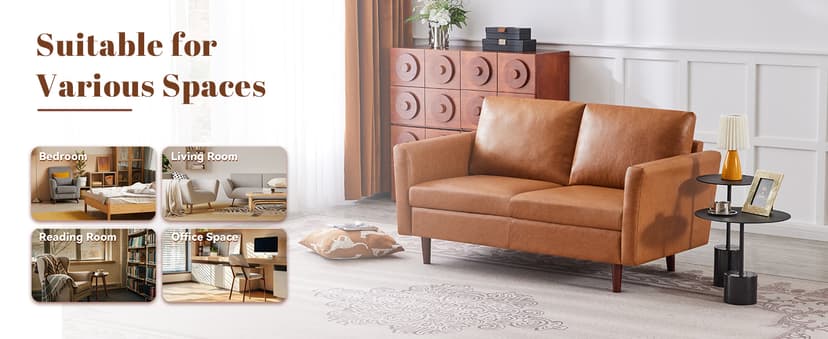 Kingfun Faux Leather 3 Seat Couch for Living Room, Mid Century Modern Sofa with Rolled Arms and Deep Seats, Fluffy Comfort for Apartment, Easy to Assemble, Chestnut