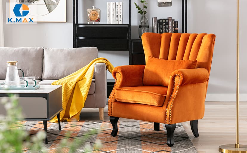 Kmax Orange Accent Chair Velvet Wingback Chair with Pillow Nail-Head Channel Tufted Oversized Club Chair for Living Room Bedroom Guest Room