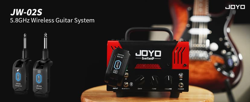 JOYO 5.8GHz Wireless Guitar System Wireless Guitar Transmitter Receiver Rechargeable Audio with 4 Signal Channels for Electric Guitar Bass 20M (JW-02S)