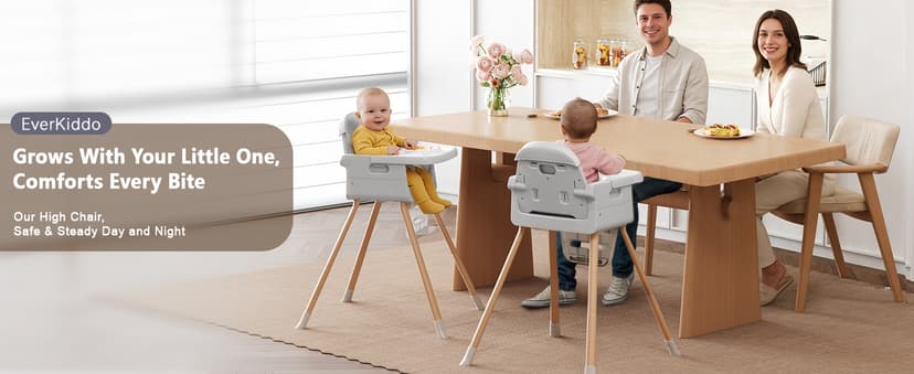 Baby High Chair for 6 Months+, Foldable High Chairs for Babies and Toddlers, Convertible High Chair, Adjustable Tray & Footrest, Portable High Chair & Easy to Clean(Grey with Wood Grain)