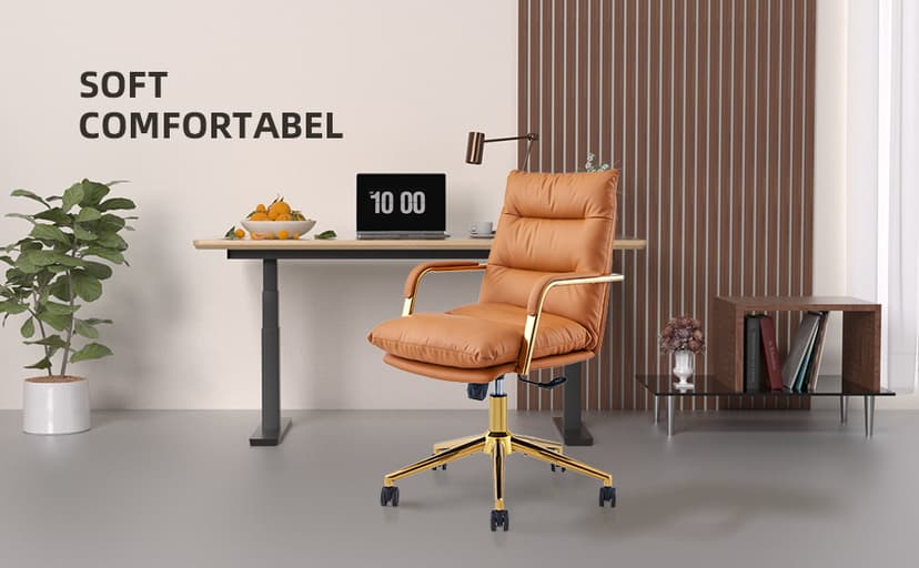 Leather Home Office Desk Chair, Executive Comfy Desk Chair with Support Armrests, Swivel Wheels, Height Adjustable, Mid Back, 360 Swivel, Computer Chair for Office Room, White