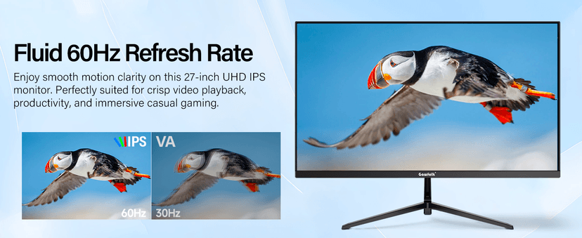 Gawfolk 27 Inch 4K Monitor IPS 60Hz, UHD 3840 x 2160p PC Monitors, Computer Dispaly for Home & Office, Support HDMI & DP, Wall Mount Compatible