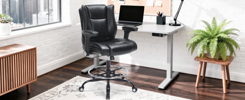 Office Drafting Chair, Tall Desk Chair with Adjustable Armrests and Footrest Ring PU Leather Standing Desk Chair with Extra Thicken Seat Cushion, Comfy High Office Chair for Counter Height Desk, Black