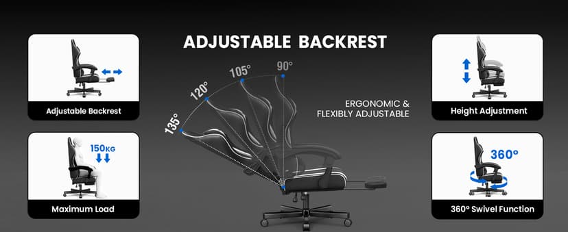 Gaming Chair for Adults Gamer Game - Ergonomic Gaming Chair with Footstool, Headrest, and Lumbar Support Height Adjustable Leather Game Chair’s 200 KG Load Bearing Capacity White
