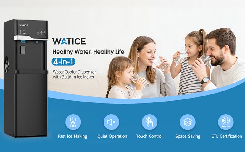 Self-Cleaning Water Dispenser with Ice Maker, Bottom Loading Hot & Cold Water Cooler for 3 or 5 Gallon Bottle - Child Safety Lock & Nightlight - Water Machine for Home, Office, Black
