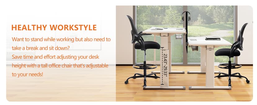 Sweetcrispy Tall Drafting Desk Chair - Ergonomic High Stool Computer with Adjustable Height and Comfy Lumbar Support, Office Rolling Counter with Flip-up Arm and Footrest, Black