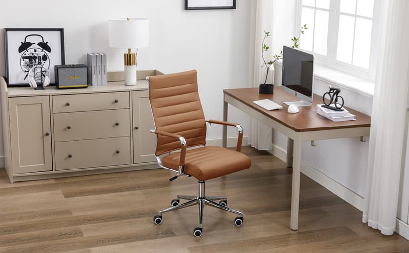 Office Desk Chair Leather, Conference Room Chairs with Wheels, Executive Modern High Back Ergonomic Swivel Rolling Ribbed Computer Chair(Brown)