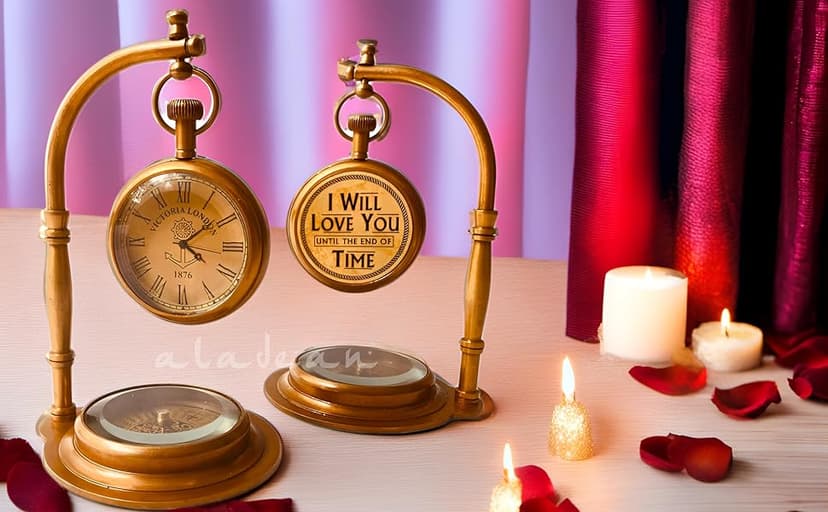 ALADEAN Brass Table Clock with Compass | Romantic Desk Clock - Decorative Vintage Mechanical Clock Lovers Boyfriend/Husband Birthday/Wedding Gifts (Love You)