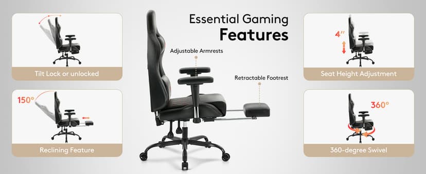 Gaming Chair,Computer Office Chair with Footrest,Massage Lumbar Support and Gel Pad,Ergonomic Reclining Leather Gamer Chair with Headrest,Adjustable Armrests and Spring Cushion Black Red