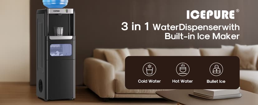 ICEPURE 3-in-1 Water Dispenser with Built-in Ice Maker, Water Cooler Dispenser for 5 Gallon Bottle Top Loading, Hot and Cold Water Dispenser with Child Lock for Home and Office, 33lbs/24H