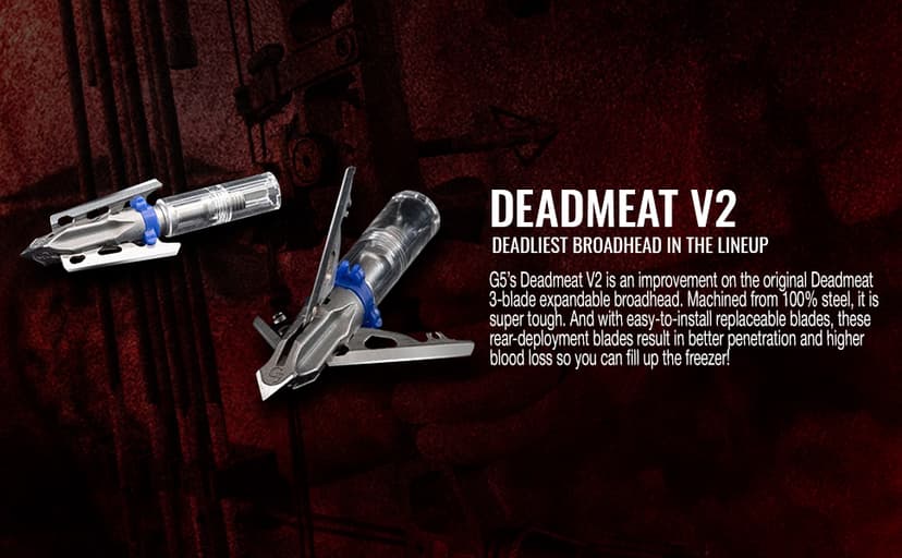 G5 Deadmeat V2 Expandable 3-Blade Broadheads | 3-Pack | 100/125 Grains | Razor Sharp 1.5" Cutting Diameter Mechanical Blades | Screw in | Compound & Recurve Compatible | 1 BMP Practice Tip Included