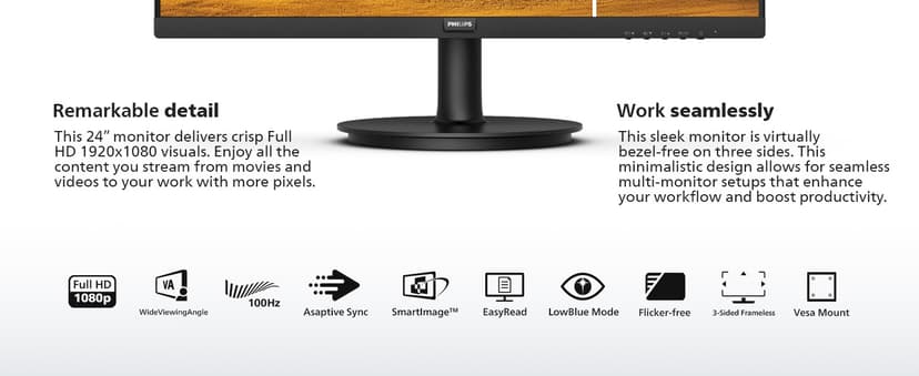 Philips New 24 inch Frameless Full HD (1920 x 1080) 100Hz Monitor, VESA, HDMI x1, VGA Port x1, Eye Care, 4 Year Advance Replacement Warranty, 241V8LB, Black
