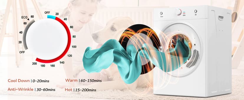 Euhomy Dryer, 3.5 Cu. Ft. 1500W Clothes Dryer, Stainless Steel Tumble Dryer with Exhaust Hose for Home, Apartment, Dorm, White