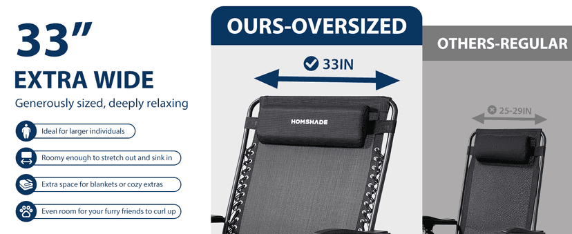 HOMSHADE Oversized Zero Gravity Chair, 33In XXL Outdoor Recliner Chair w/Removable Cushion&Headrest, Reclining Patio Chairs for Indoor, Camping Lounge Chair with Footrest, Support 500LBS, Black