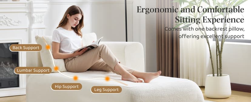 Bezseller Upholstered Chaise Lounge Indoor, Comfy Lounge Boucle Sofa, Modern Leisure Sleeper Sofa with Pillows, Recliner Chair Indoor for Living Room Bedroom Office, Beige