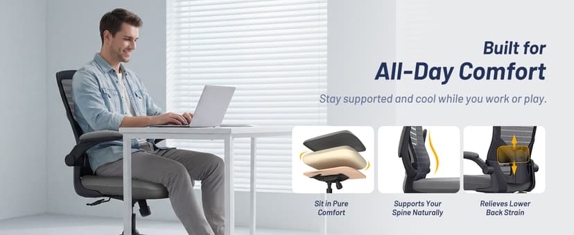 Office Desk Chair for Long Hours & Back Pain Relief – 4“ Thick Molded Foam Cushion, Enhanced Lumbar Support, Padded Flip-up Armrests, Ideal for Office or Study, Dark Gray