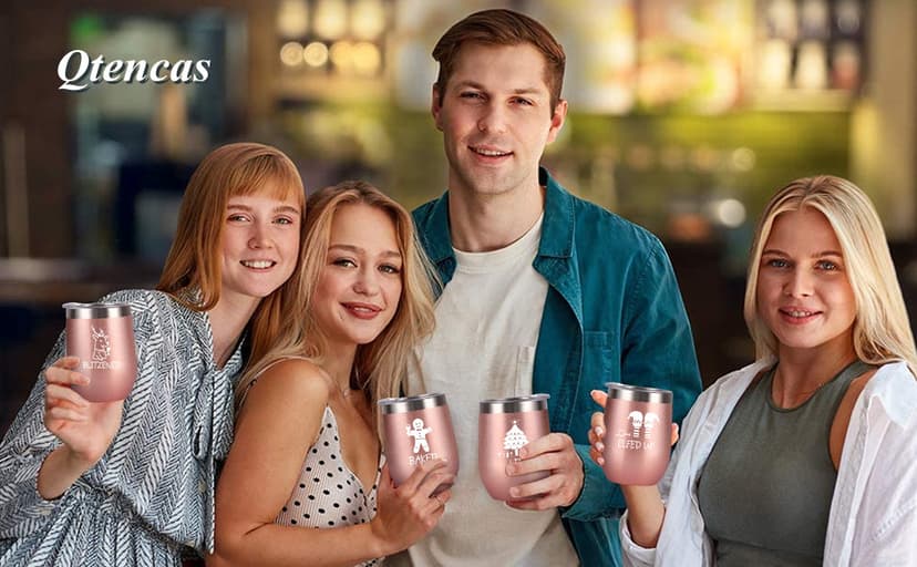 Qtencas Christmas Funny Wine Tumbler Set, 12 Oz Stainless Steel Wine Tumbler with Spoon for Women Friends Sisters Men, Gift Idea for Christmas Xmas Wedding Party, 4 Pack, Rose Gold