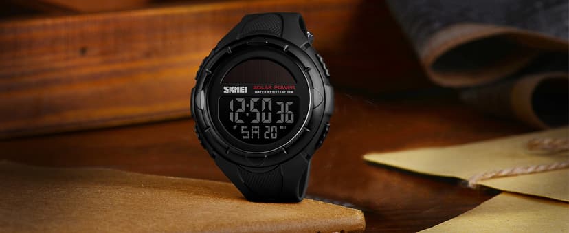 MASTOP Solar Powered Energy Watch for Men Military Digital Multifunctional Led Luminous Indication 2 Time Zone 50m Waterproof Watch Reloj Solar para Hombre