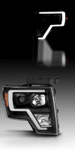 AmeriLite for 2009-2014 Ford F150 Truck LED Bar Square Projector Halogen Black Headlights Set High/Low Beam Bulb Included - Driver and Passenger Side
