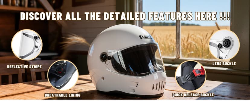 LEM Motorcycle Helmet Full Face for Men and Women, Retro Vintage Classic Open Face Style, Lightweight Fiberglass Shell, DOT Certified, for Cruiser, Cafe Racer, Scooter, Commuter (White, Size XL) Kick
