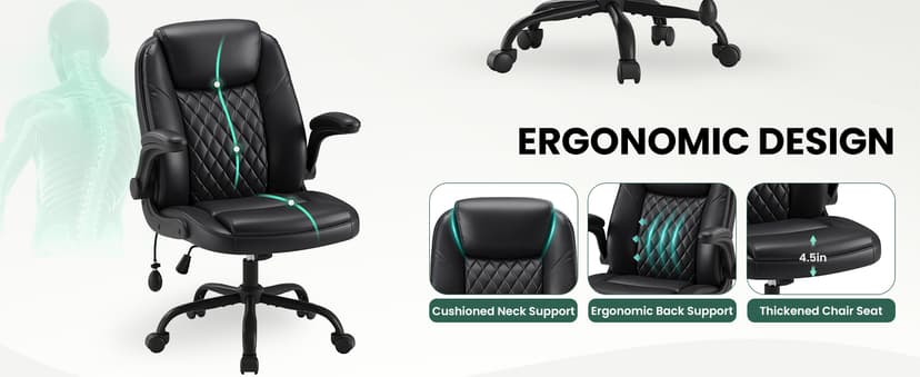 MALOL Leather Office Chair, Computer Desk Chair with Adjustable Lumbar Support, Thick Cushion, Flip-Up Arms and Ergonomic Back, Comfy Executive Office Chair for Home Office Gaming,Black