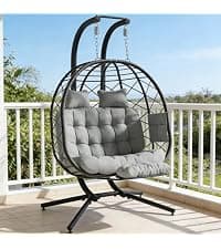 Suteck Double Hanging Egg Chair with Stand, Outdoor Indoor 2 Person Wicker Egg Swing Chair with Cushion, 700lbs Capacity for Patio, Bedroom, Garden - Black